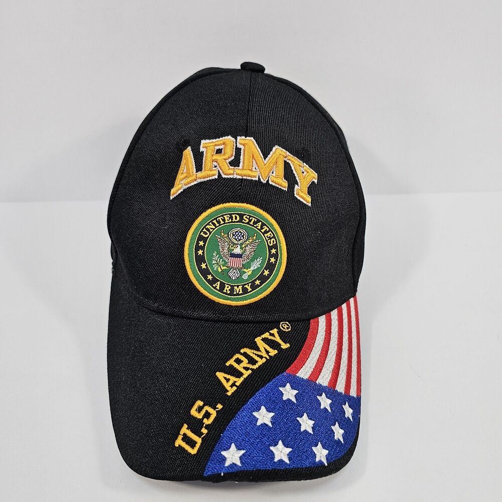 U.S. Army Embroidered Black Cap Patriotic Flag Bill Adjustable Acrylic Hat
